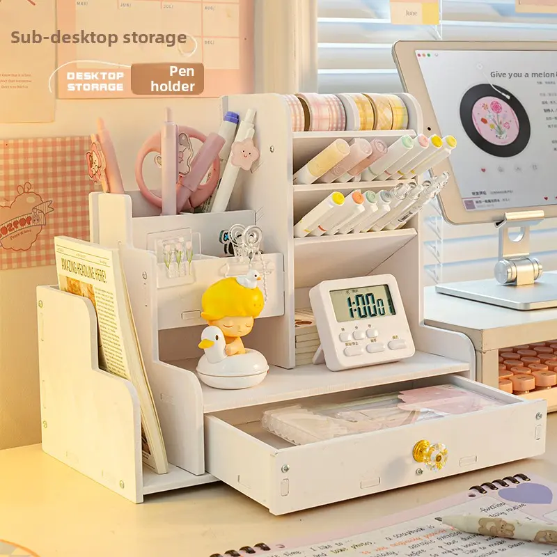 High Aesthetic Pen Holder with Compartments, Slant-Insert Marker Storage Rack with Drawer, Desk Organizer Tidy, Desk Accessories, Stationery Storage Organizer, Desk Gadgets for Students & Kids' Desk, Office Accessories