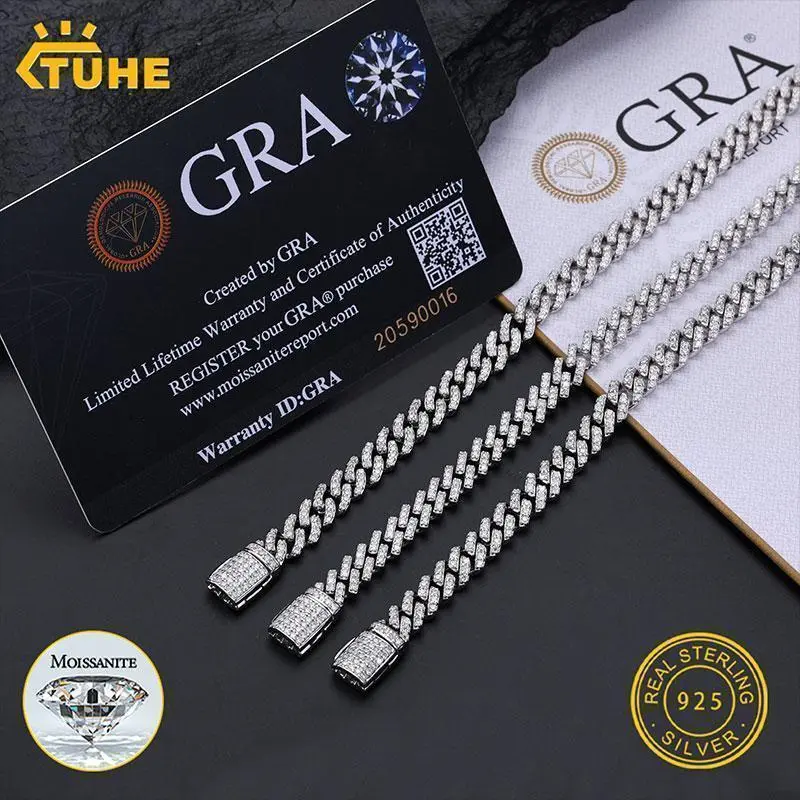 TUHE High quality Unisex VVS1 D Color Moissanite 6mm Cuban Chain Bracelet  S925 Silver For Men Hip Hop Jewelry