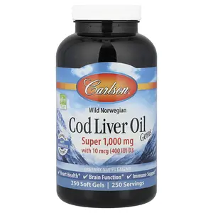 Carlson Wild Norwegian, Cod Liver Oil Gems, 1,000 mg, 250 Soft Gels