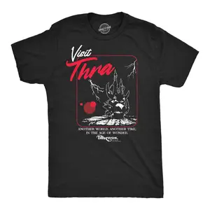 Mens Funny Visit Thra T-Shirt - Jim Henson's Dark Crystal Tee for Guys - Retro Movie Tshirt with Vintage Design Mens Funny T Shirts Cool Vintage Fashion T-Shirt Gift Classic Menswear Funny Movie Short Sleeve Black -