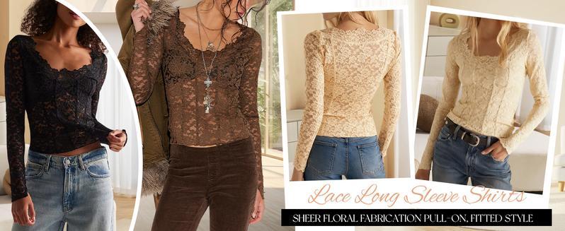 Mundoven Women's  Valentine's day Sheer Floral  Mesh Lace Long Sleeve Top Wide Scoop Neck Fitted Blouse with Scalloped Trim