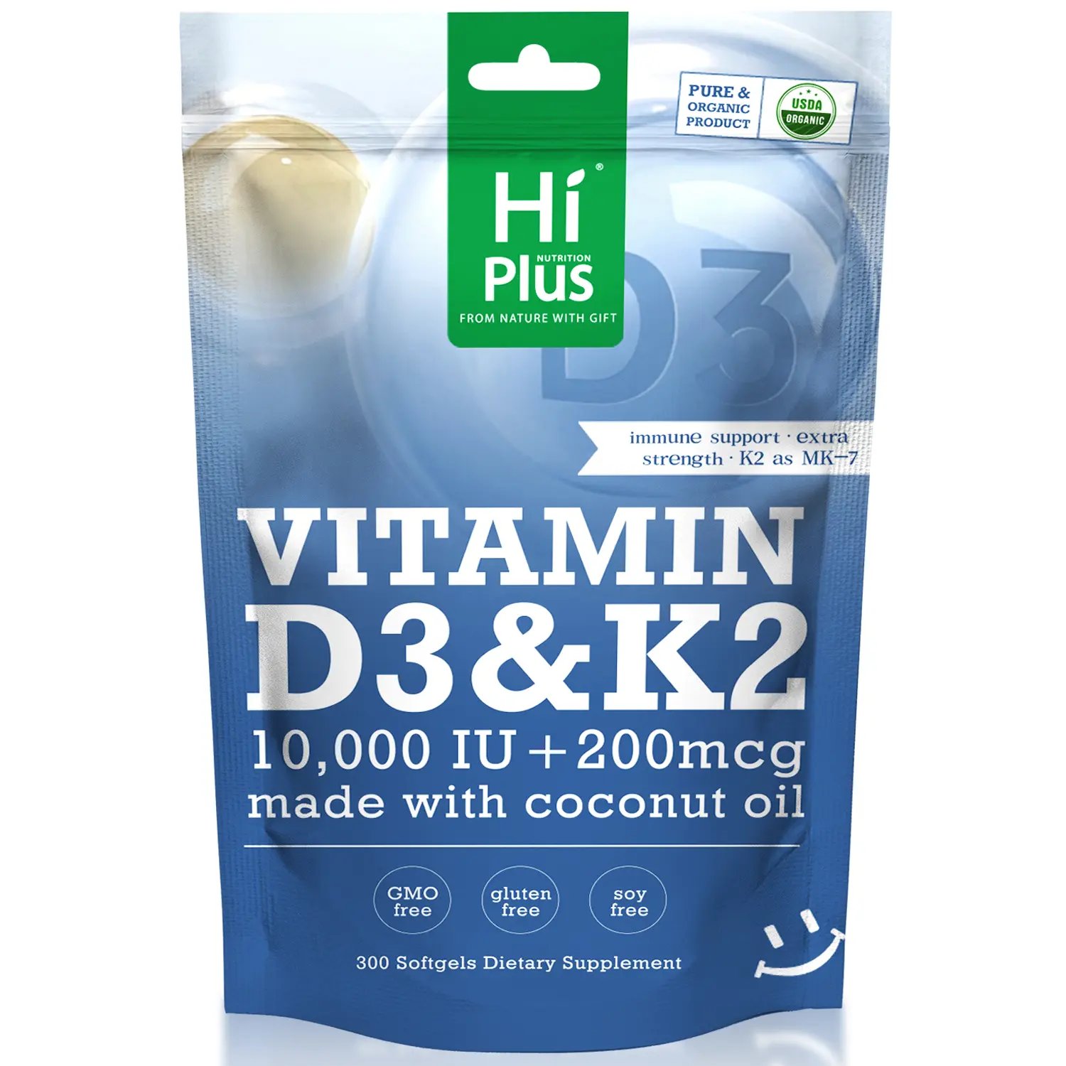 HiPlus Vitamin D3 K2 Supplement Softgels | 10,000 IU + 200 mcg, Immune Support & Bone Health, Made with Coconut Oil,300 Softgels Natural Extra Strength