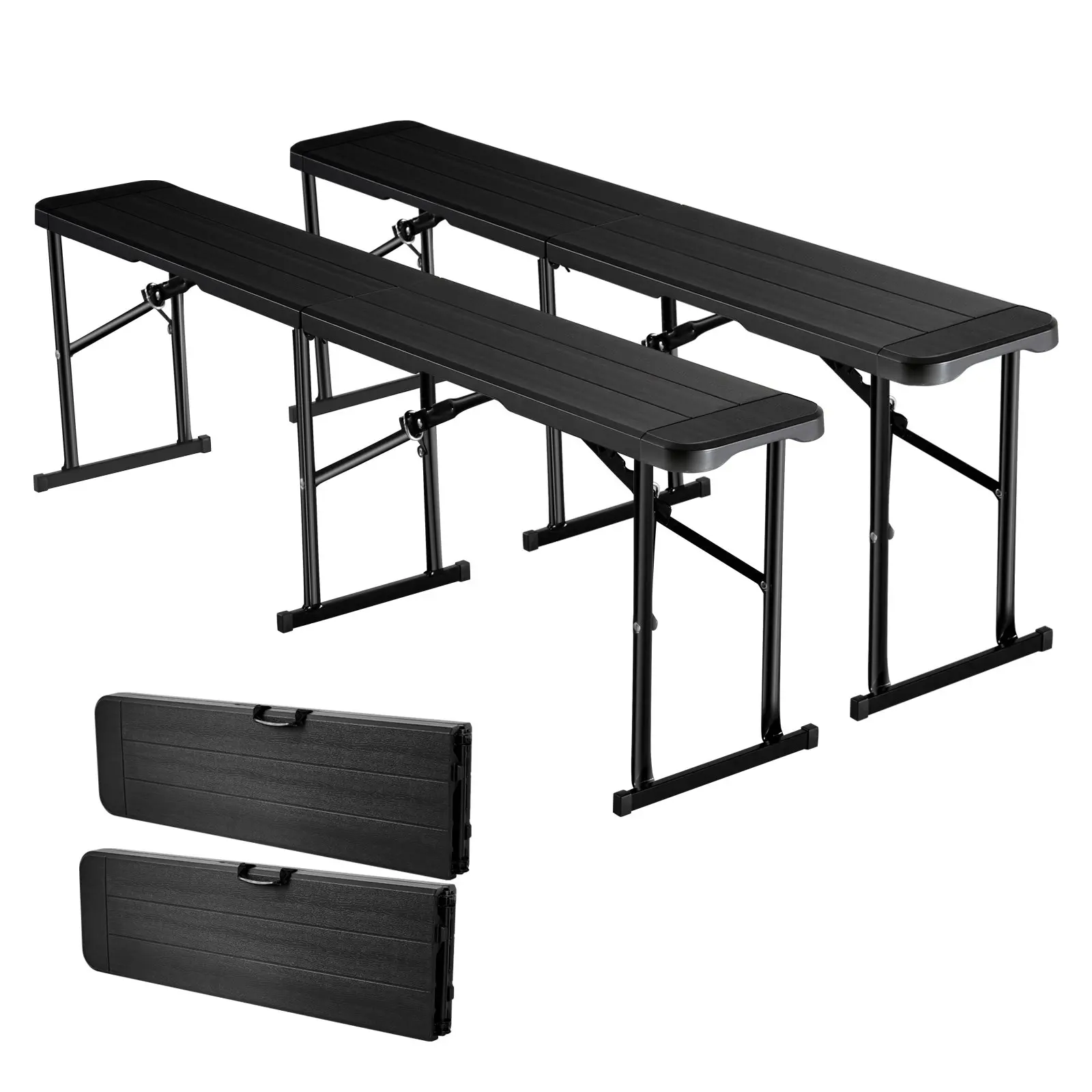 【Summerfinds】VEVOR 2 Lightweight Plastic Folding Tool Benches, 6 ft HDPE Panels Smooth-Seat Set with Carry Handles, 2 Carry Bags, 71.8x11.0x16.9 in, 331.1 lbs Per Seat Capacity, Storage-Friendly Black Multipurpose for Picnics, Soccer