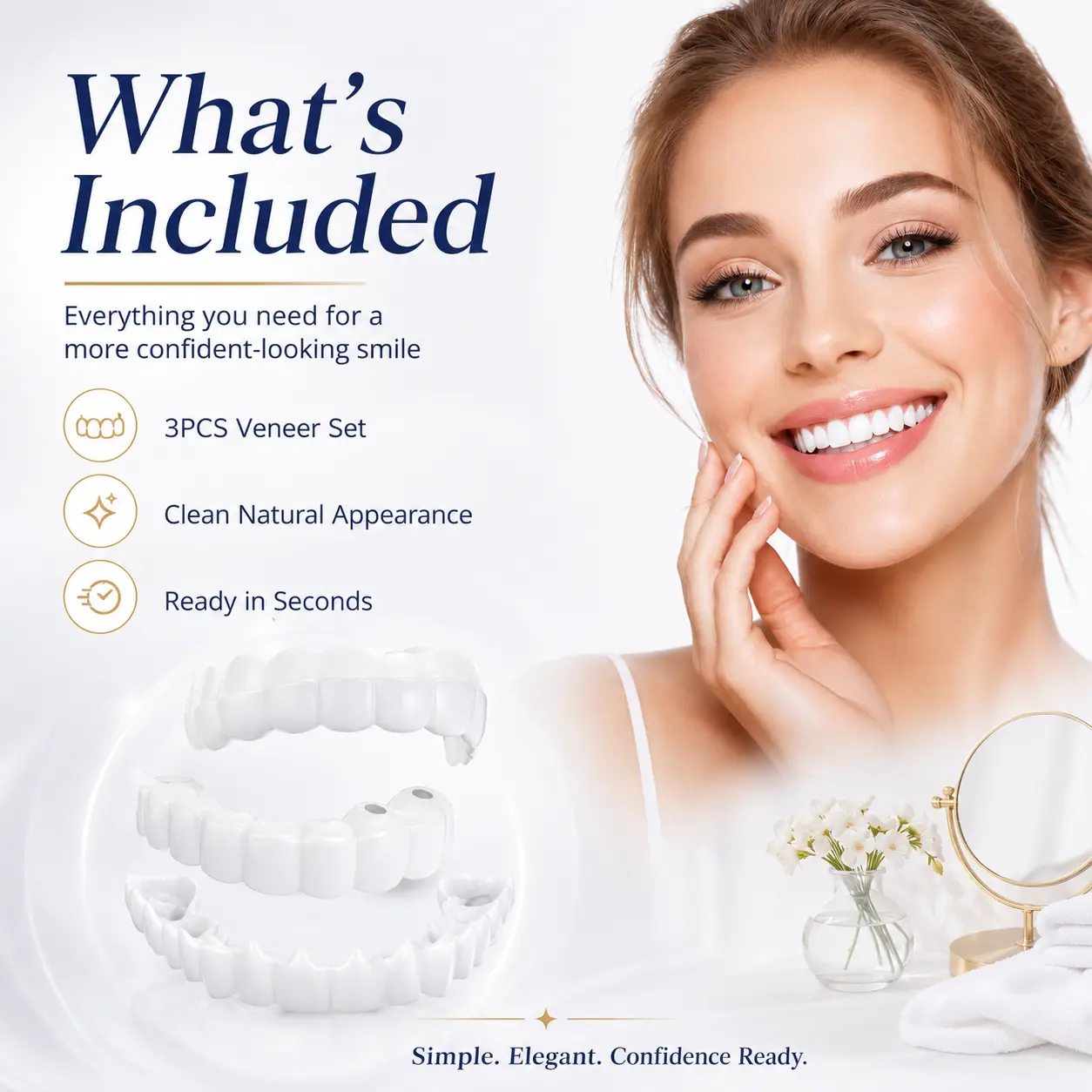 3PCS Dental Veneer Smile Set + High Quality Resin Veneers Teeth Cover White Natural Style + Daily Smile Enhancement for Selfies Parties Events, Bright Smile, Fix Your Smile