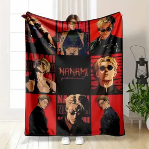 Jujutsu Kaisen Nanami Kento Flannel Blanket Bold Red and Black Grid Character Collage Illustration Soft Warm Cozy Lightweight Throw Ideal for Sofa Bedroom Office Travel Gift Decor Use