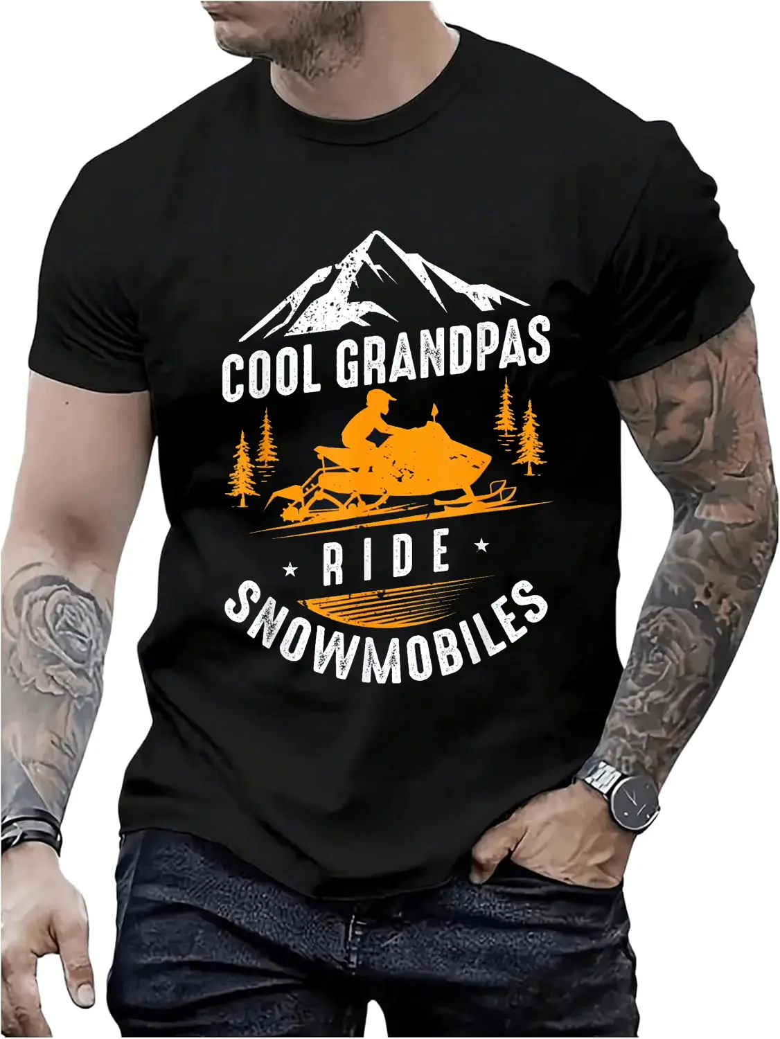 Women's Distressed 100% Cotton Casual Vintage Crew Neck Short Sleeve T-Shirt - Small, All Seasons Unique Grandpa Snowmobile Graphic Top, Grandpa Gift