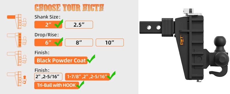 Adjustable Trailer Hitch with Hook, Tri-Ball (1-7/8" x 2" x 2-5/16") Drop Hitch, Fits 2-Inch Receiver, 6-10 Inch Drop Hitch, 17000 LBS GTW-Class 3 Tow Hitch for Heavy Duty Truck, Solid Ball Mount