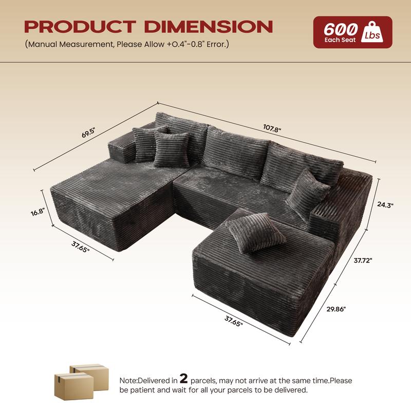 【2 Packages Shipping】Ovios 106" Plush Corduroy Cloud Velvet Modular Boneless Couch with Chaise & Ottoman, No Assembly Required - L/U-Shaped Sectional Sofa Set with Flexible Configuration - 107"W x 69.5"D x 30"H, 3 Seater