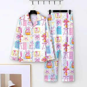 Easter Pajama Set for Women, Cute Bunny Easter Print Pajamas, Pastel Long Sleeve Button Down PJs, Soft Cozy Spring Sleepwear, Adorable Easter Nightwear, Aesthetic Loungewear Set, Matching Easter Morning Pajamas, Easter Gift for Her