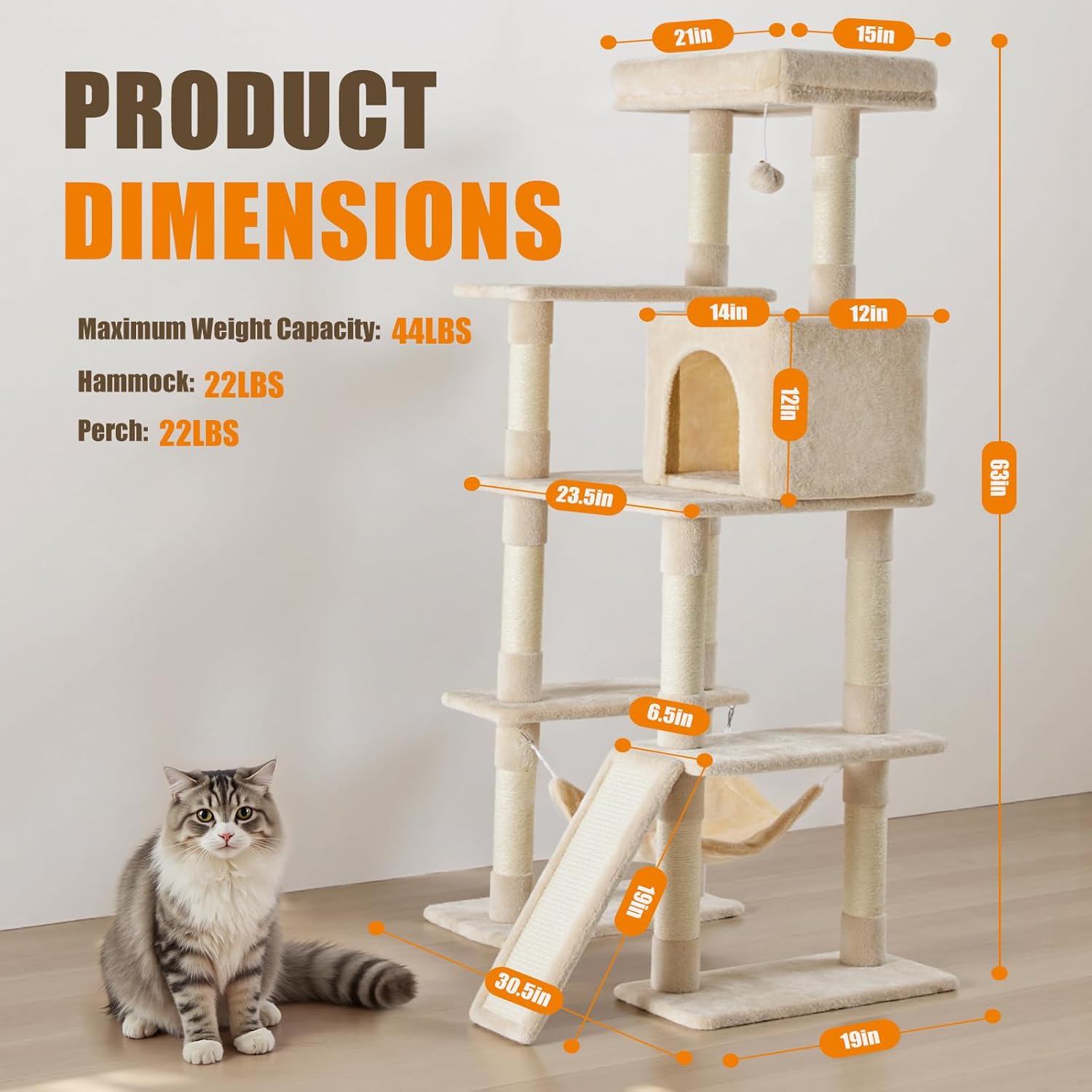 63 Inch Cat Climbing Tower, Multi-Level Cat Tree with Condo, Hammock, Extended Platform & Natural Sisal Scratching Posts, Indoor Play House for Cats and Kittens