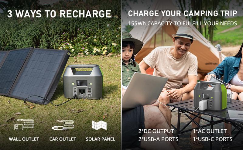 R150 Portable Power Station, 150W 155Wh Power Bank with 110V AC Outlet, 6 Outputs External Battery Pack Portable Backup Battery Laptop Charger with LED Light for Home Camping