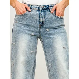 Bow Embellished Straight Leg Jeans