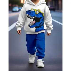 2 Pieces Boys Cartoon Dinosaur Print Sweatshirt Sports Set, Hooded Sweatshirt + Jogger Pants Sports Youth Clothing Gift.Comfortable Fabric, Spring and Autumn Season, 2 Piece Sweatshirt Set.Suitable for Outdoor Use, Very Suitable for Outdoor