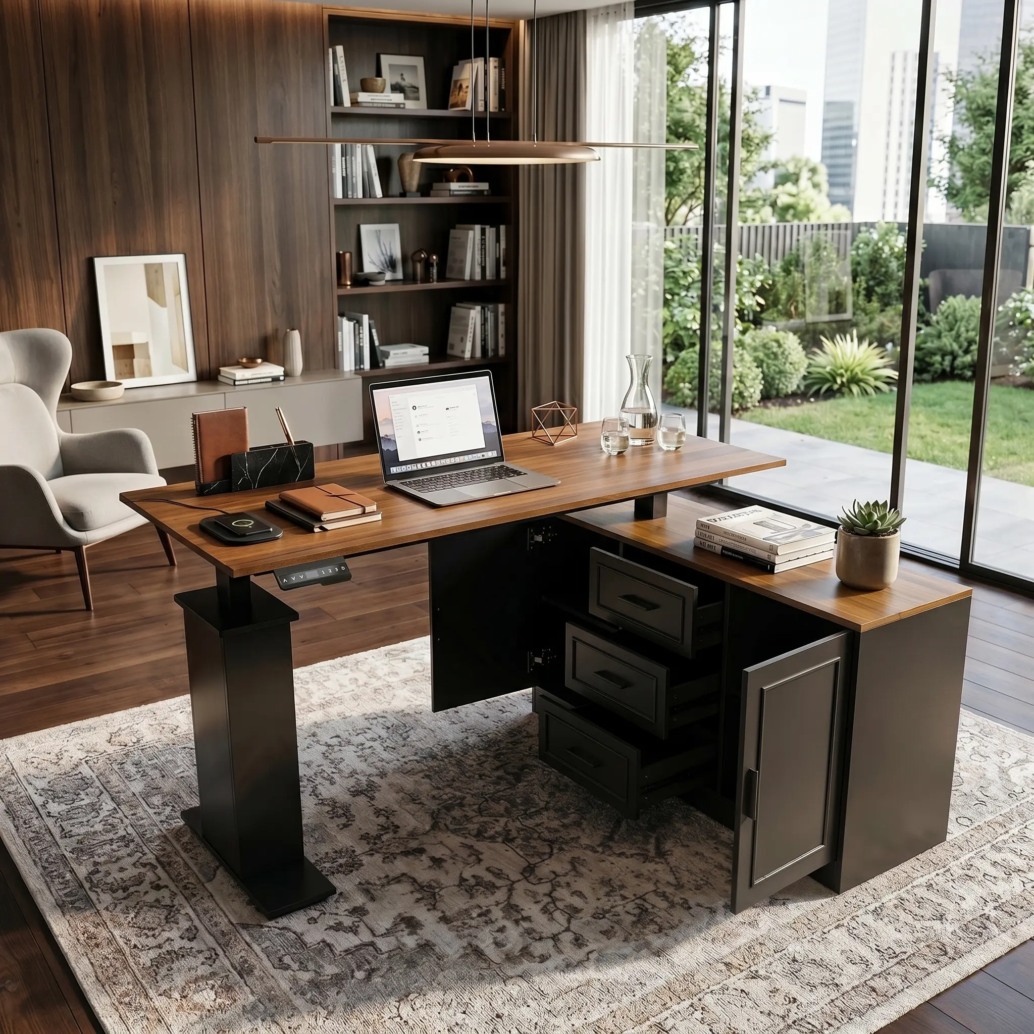 FUFU&GAGA 55" L-Shaped Electric Height Adjustable Standing Desk with Storage Cabinet, Rustic Wood Sit Stand Computer Desk with 3 Drawers & 2 Doors