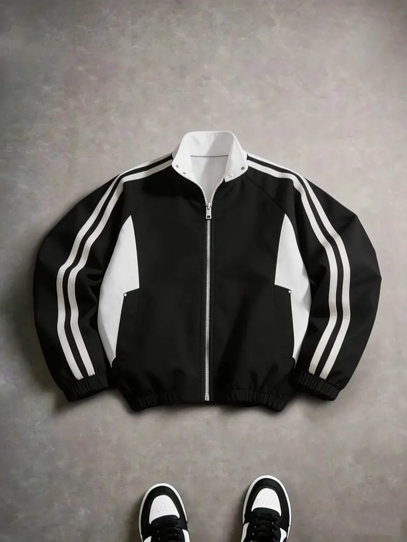 Men’s color-block striped zip-up track jacket, loose oversized stand collar windbreaker coat, Y2K American street style hip hop casual outerwear for daily sports, streetwear, and dating, suitable for fall and winter outfits