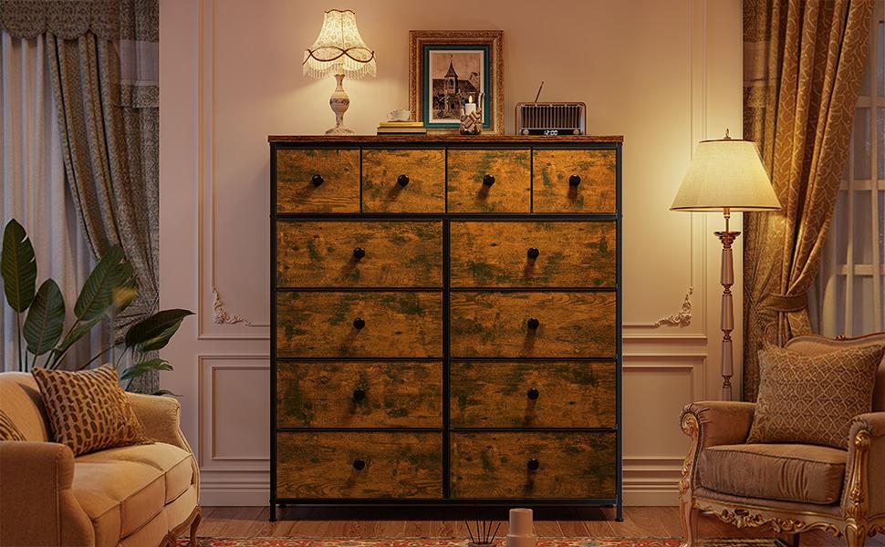 Raybee Furniture 12 Drawers Dressers, Wood Top & Metal Frame, Tall Fabric Dressers for Bedroom, Living Room, Hallway, Closet