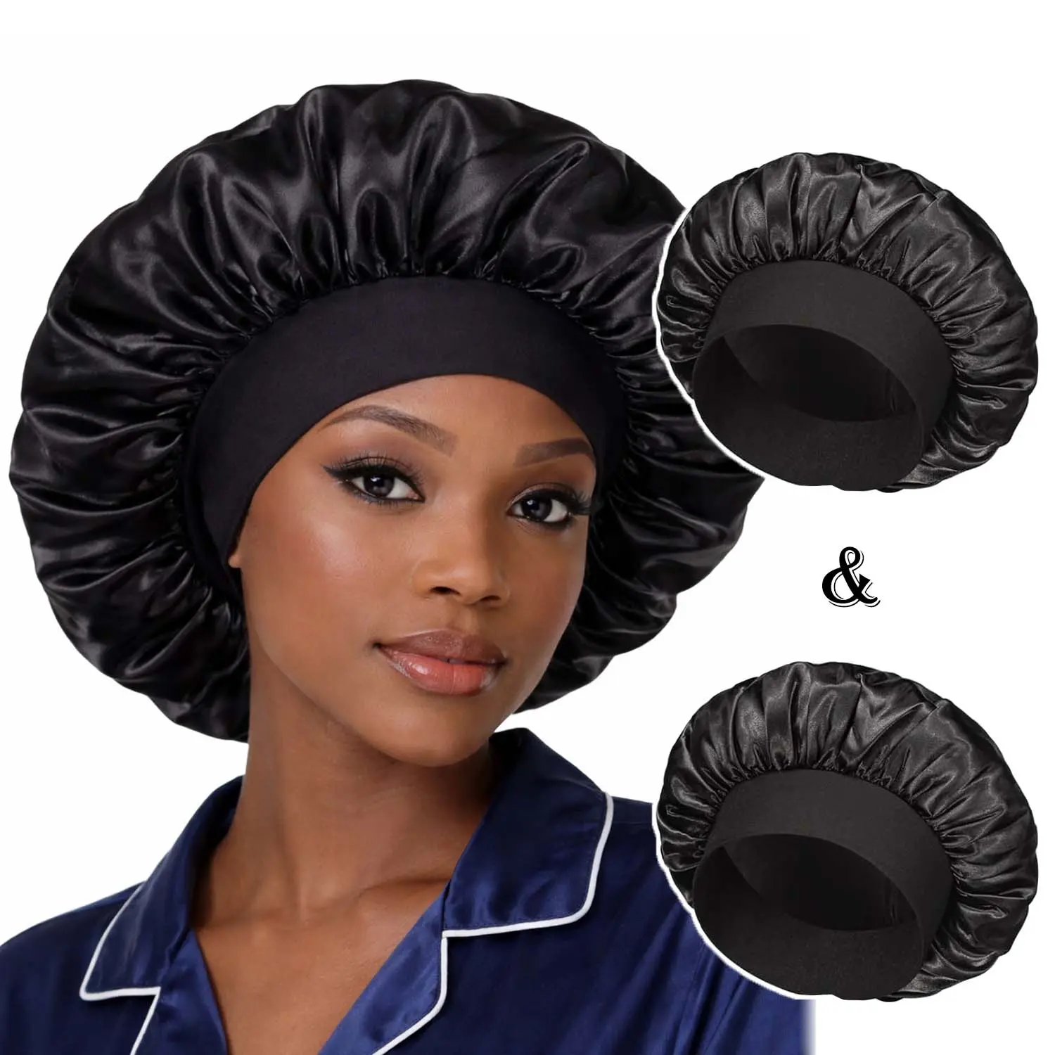 2 Pack Satin Bonnet Silk Hair Bonnet for Sleeping, Sleep Bonnets for Women Large Wide Soft adjustable Band Sleep Cap for Curly Hair Braids school gift Sleeping Bonnet Men's Layer Satin Bonnet satin adjustable strap