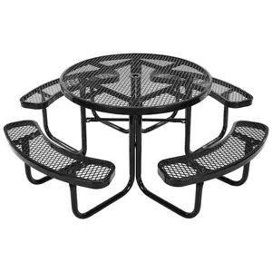 VEVOR Heavy-Duty Picnic Table, Outdoor Furniture Weather Resistant Patio Dining Set, Coated Steel Tables with Umbrella Hole, 46" Round Table and Bench Set, for Garden, Backyard, Porch (Black)