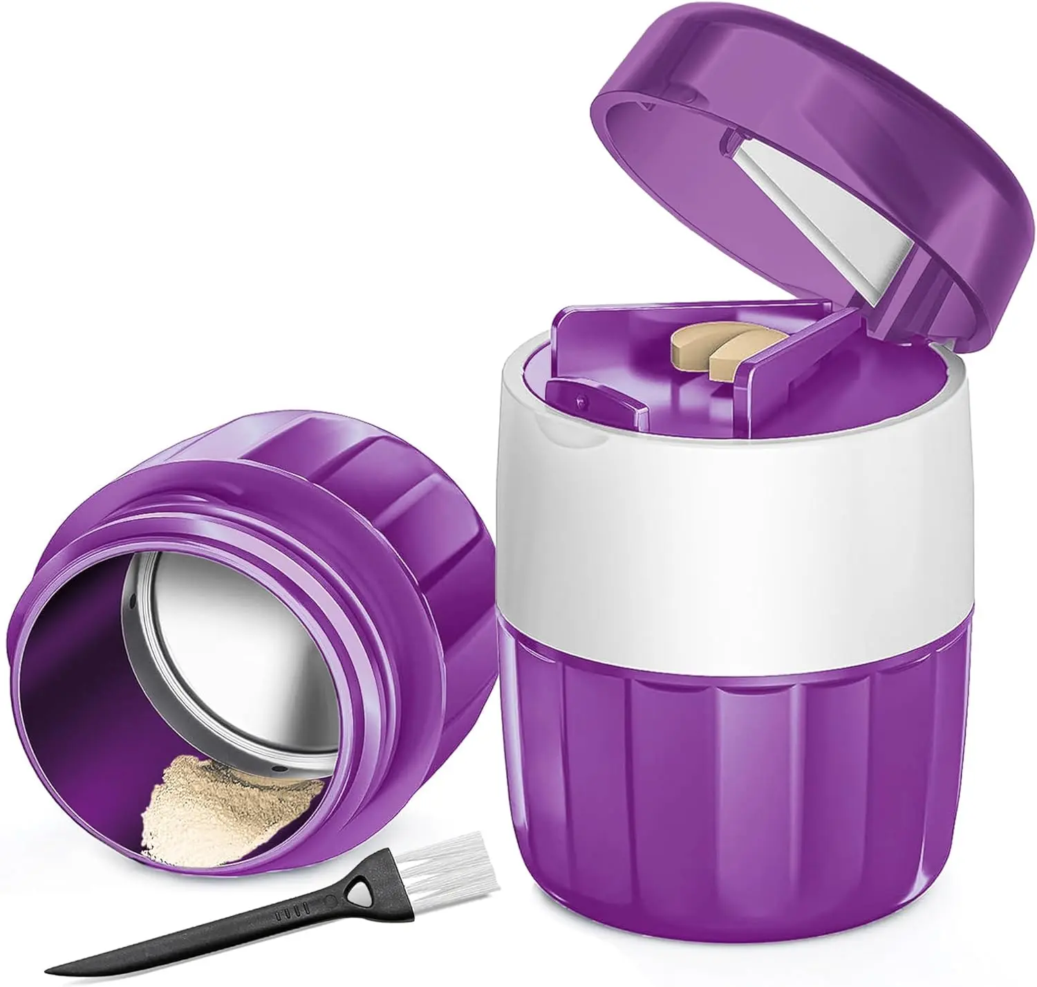 3-in-1 Pill Crusher Pill Grinder, Pill Crusher Fine Powder with Brush, Pill Crushers for Elderly with Pill Cutter and Storage, Pill Cutter Splitter for Small or Large Pills (Purple)