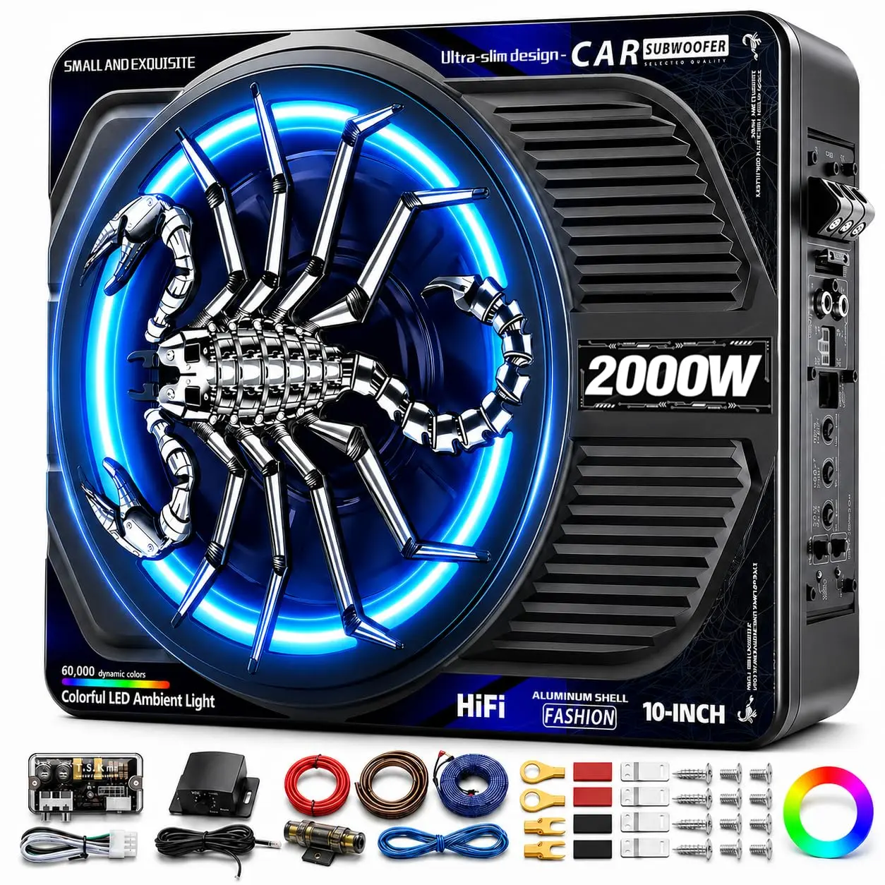 TANVSO 2000W 10-Inch Slim Powered Under Seat Car Subwoofer & Power Amplifier Package, 12V Built-in Class D Cast Aluminum Amplifier, Beat Sync RGB LED Light, App Control, Low Pass Filter, Bass Enhancement for Trucks, Jeeps, Custom Car System Speakers, Rv