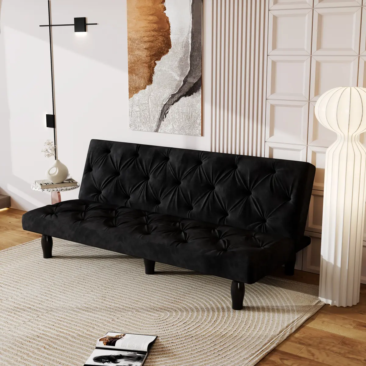 66" Black Velvet Fabric Convertible Sofa Bed - Easy Setup Modern Upholstered Couch, Upholstered Soft Sofa, Seamless Transformation, Ideal for Living Rooms, Apartments, Convertible Futon Couch, 500Lb
