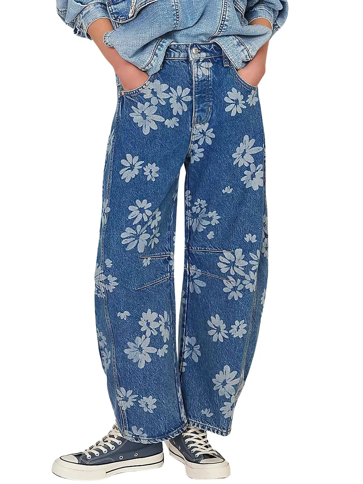 Ebossy Women's Retro Floral Print Barrel Jeans Mid Rise Wide Leg Baggy Boyfriend Horseshoe Denim Pants