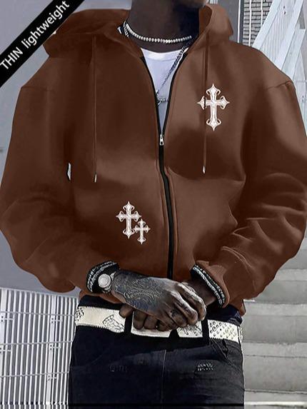 Autumn and Winter Men's Full-Zip Long Sleeve Hoodie Sports Jacket with Personalized Print Pattern Zipper Pockets Regular Fit Windproof Warm Jacket Suitable for Travel Camping Outdoor Activities Casual Sweatshirts