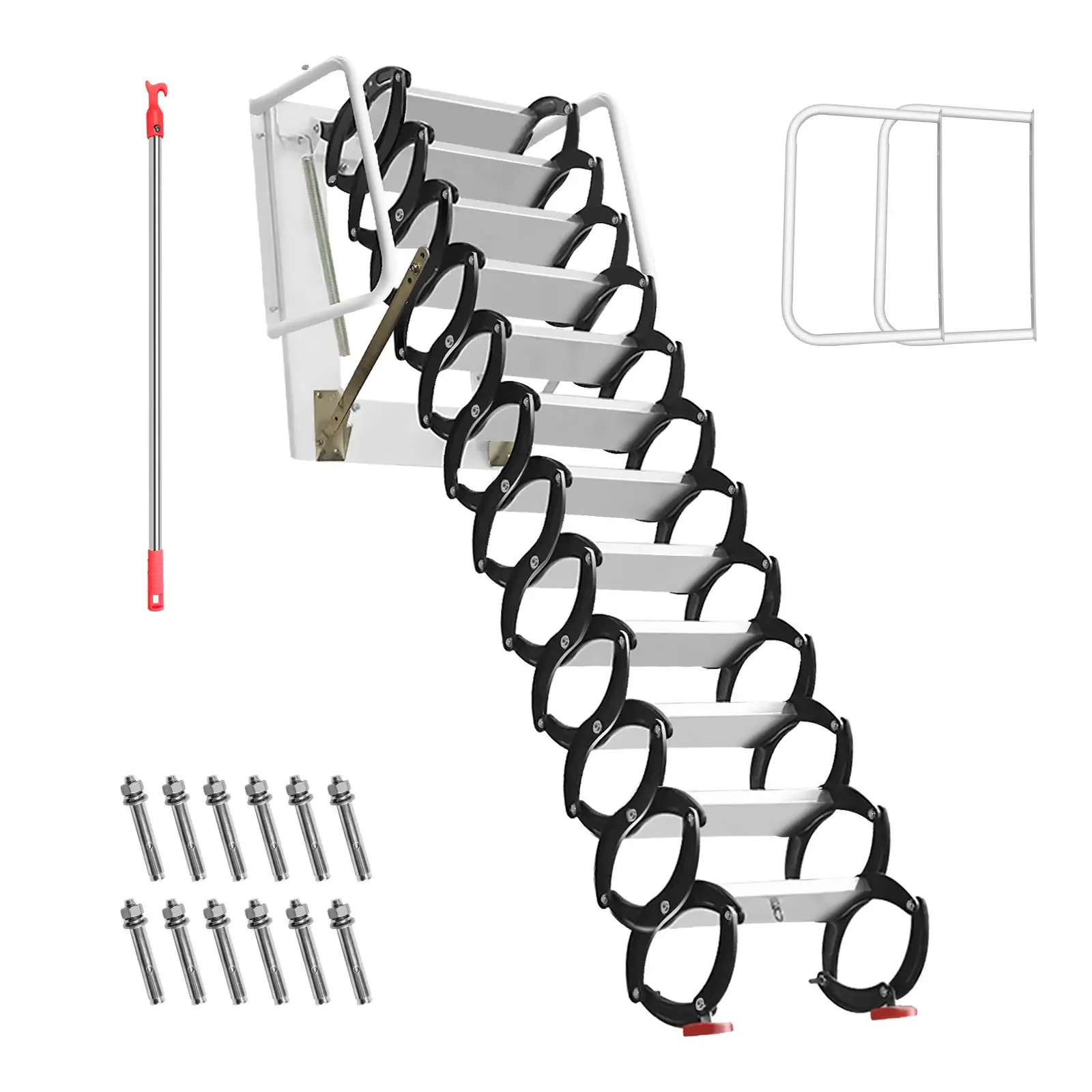 Oinnaous 12 Steps Wall Mounted Folding Stairs, Attic Steps Pull Down Attic Stairs Retractable Attic Ladder Al-Mg Alloy Loft Ladder Stairs Attic Steps with Armrests (Weight Capacity 1102lb) Applicable to attic and rooftop spaces