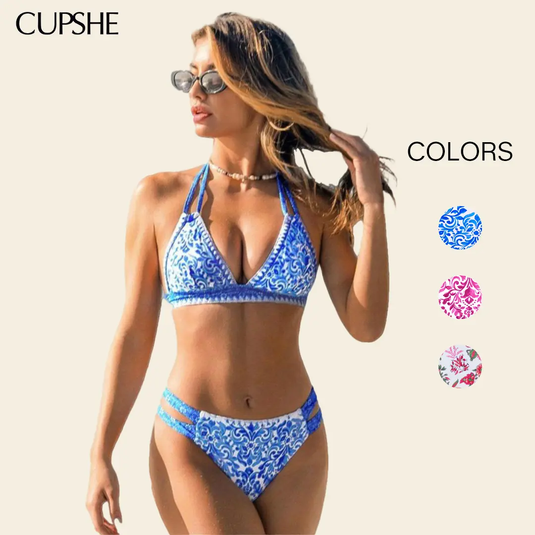 CUPSHE Boho Shell Stitch Bikini Sets 2026 Mediterranean Blue Halter Two Piece Swimsuit Trendy Cheeky Bottoms Supportive Removable Cup Bathing Suit Bathing suit #summerfinds tiktokshopbacktoschool