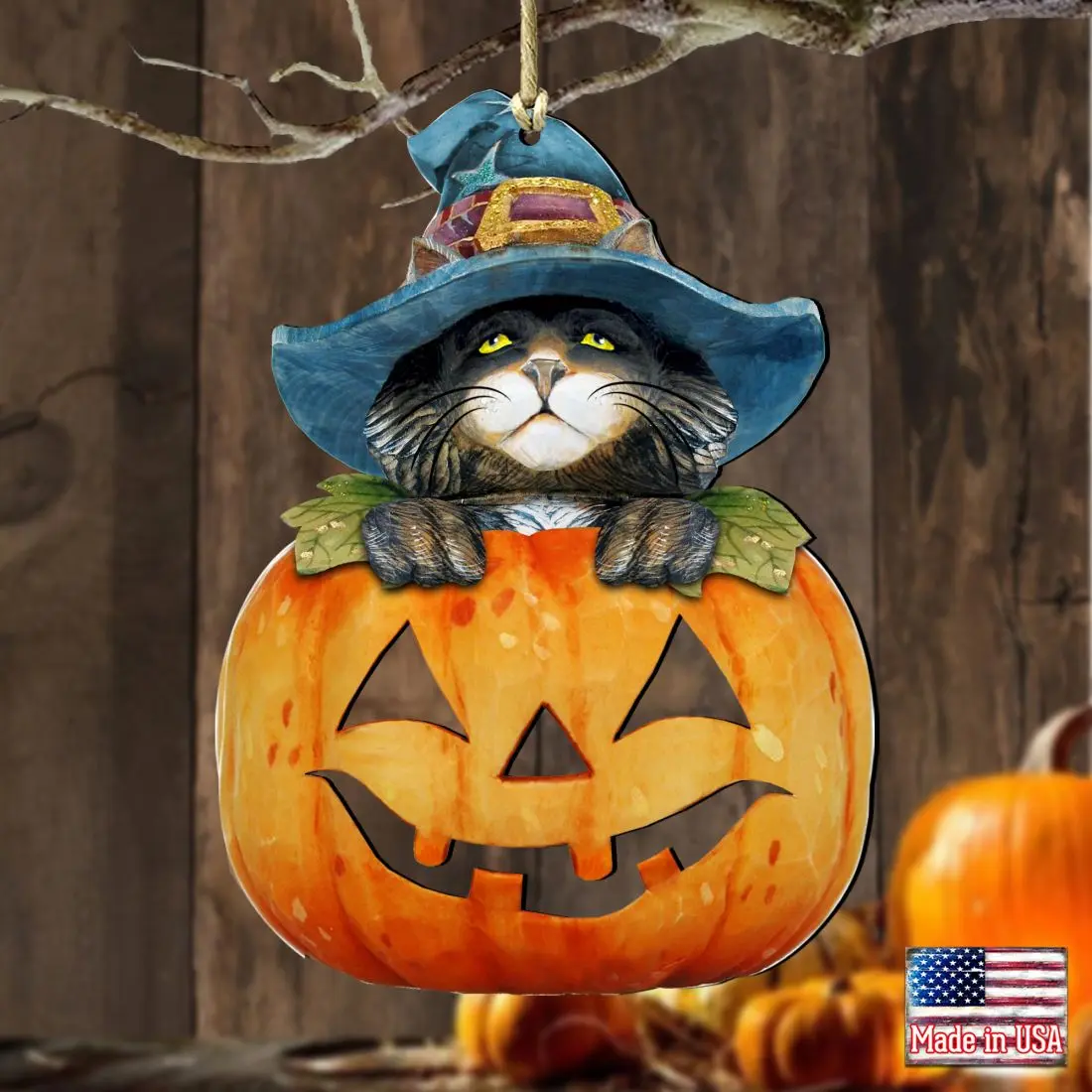Designocracy 8158416-S2 5x5.5 in. Halloween Aesthetic Cat Pumpkin Wooden Fall Ornaments, UV Resistant Indoor-Outdoor Holiday Decor, Festive Home Gift with Story Card