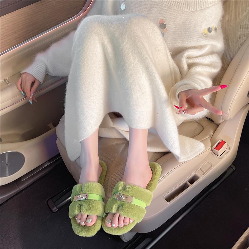 Women's Fuzzy Fashion Slippers w/ Metal Buckle SpringStatements