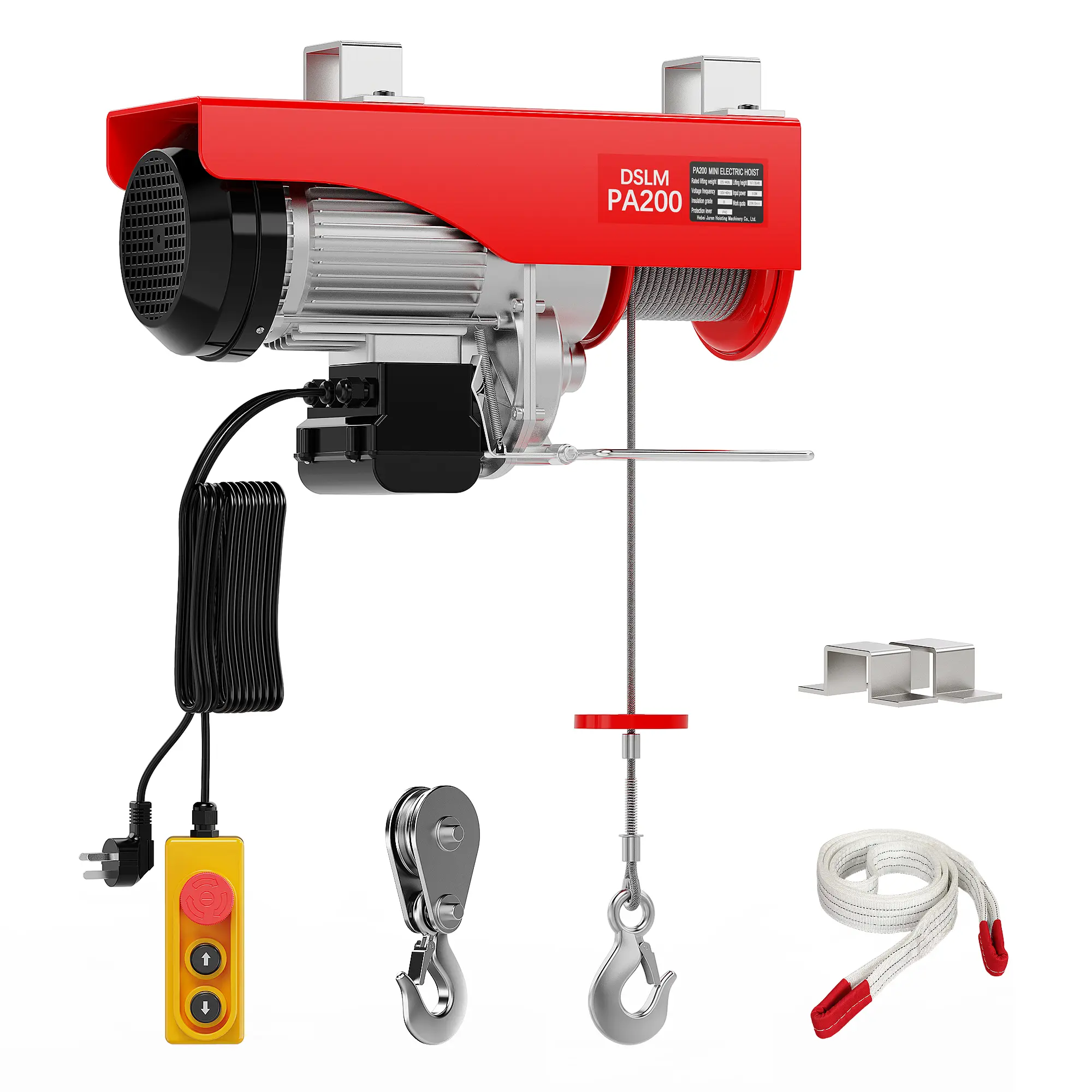 DSLM A200 Electric Hoist - 220lbs~440lbs Wired/Wireless Lifting Winch Tool with Safety, Emergency Stop Switch, Cables/Hooks, Additional Hooks, 14Ft Heavy Duty for Garages, Factories