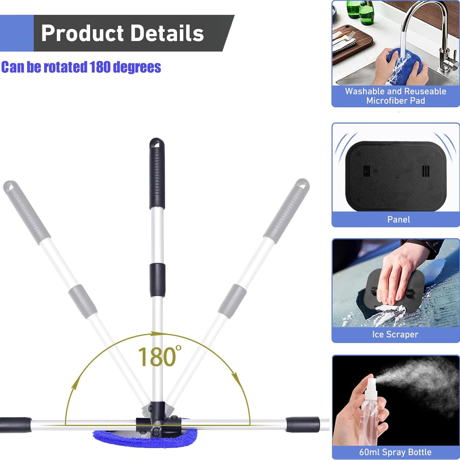 Windshield Cleaner Tool – Upgrade Large Head Car Interior&Exterior Window Cleaning Kit with Extendable Handle & 4 Microfiber Pads, Auto Wiper Brush for Car, Trucks, SUVs, RVs & Home Windows