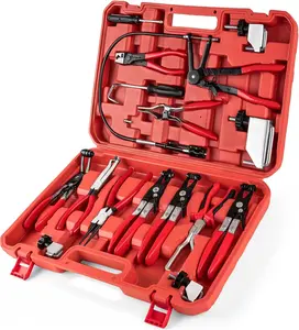 16Pcs Hose Clamp Pliers Set, Flexible Long Reach Wire with Clic R Type Swivel Jaw & Flat Band Pliers, Automotive Spring Hose Clamp Remover for Coolant Radiator Heater Water & Fuel Hoses (Red)