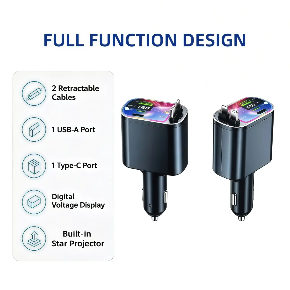 5-in-1 Car Charger with Retractable Cables, Fast Charging Car Adapter with Built-in Lightning & Type-C Cords, Dual USB Ports and LED Display for iPhone, Android, Travel and Road Trips