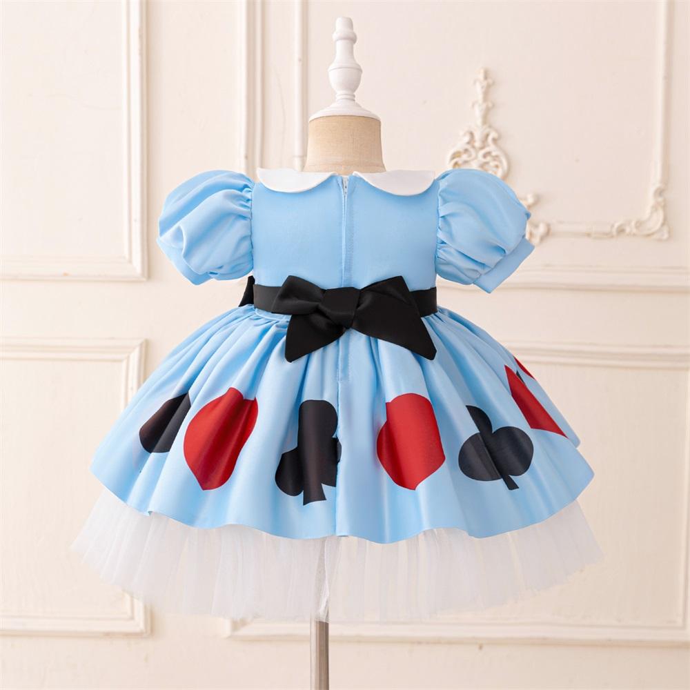 01 Kids Young Girls Christmas/Halloween/Party Dress Tulle Bubble Sleeves Blue Mesh Stage Performance Alice in Wonderland Dress Bead Decoration Princess Party Outfit