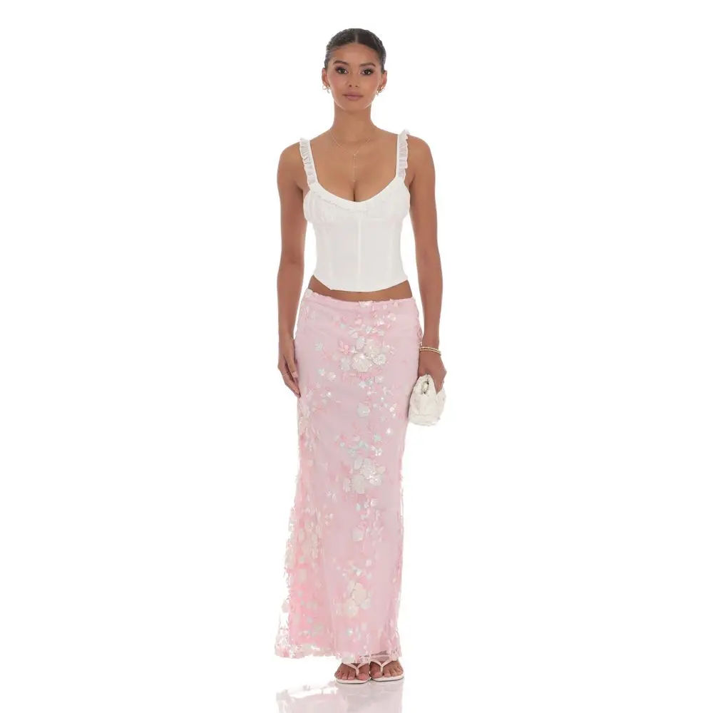 Sequin Floral Mesh Maxi Skirt in Pink