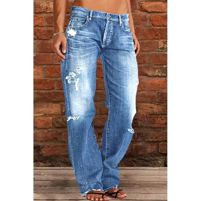 Women's Plus Size Mid Rise Straight Leg Ripped Denim Pants Boyfriend Style Baggy Flare for Casual Wear 90s Hippie Fashion