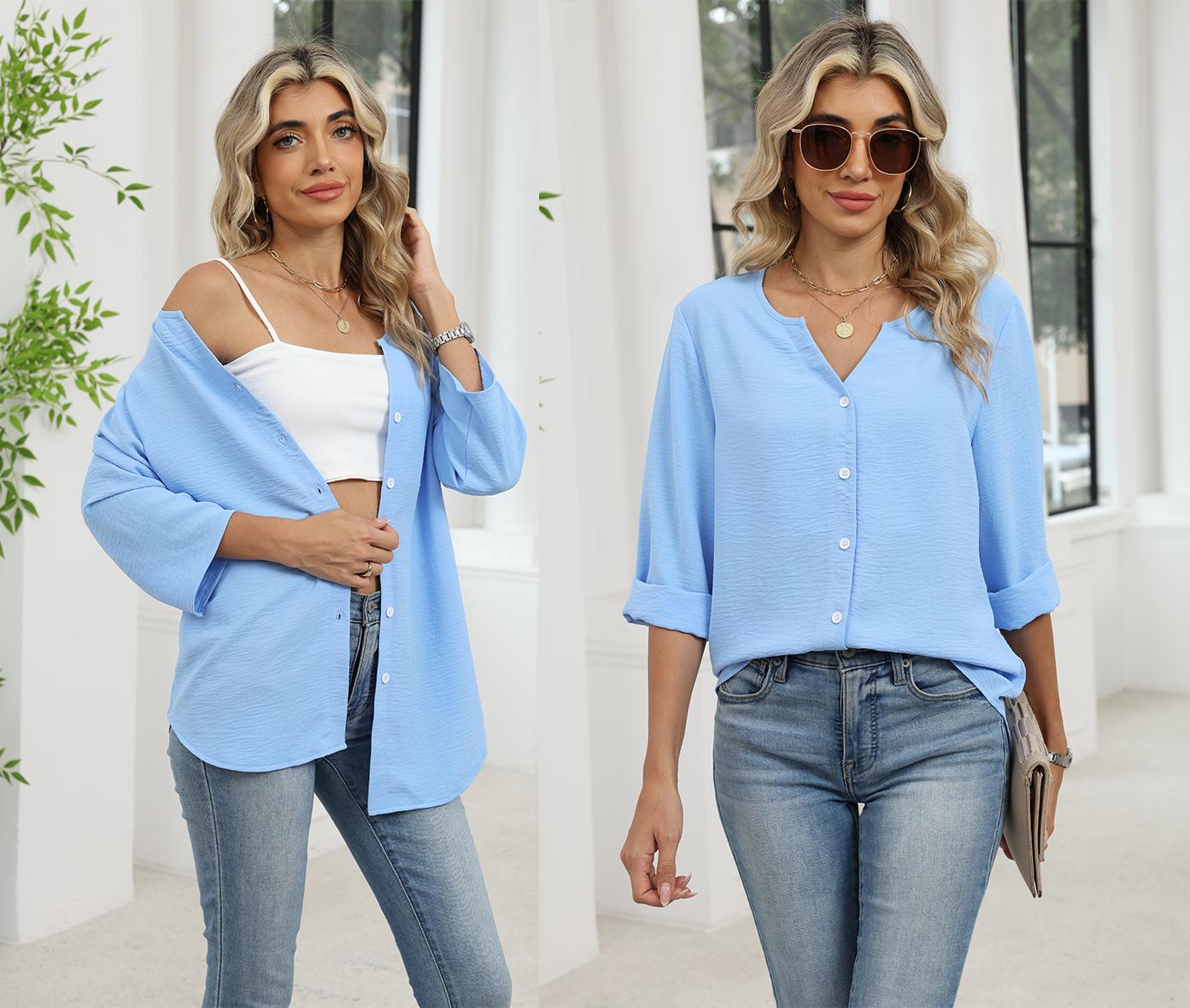 OFEEFAN Button Down Shirts for Women 3/4 Length Sleeve Tops V Neck Blouses Business Casual Outfits Loose Fitmenswear Basic Minimalist