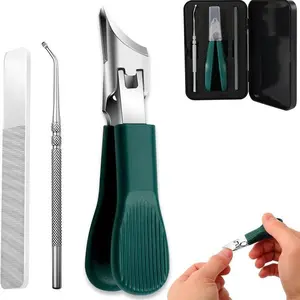 A Set of 3 eagle-beak angled nail clippers, Portable gift box for travel and home use-Essential for thick nail users! 3-Piece Green Eagle Beak Nail Clipper Set: cuts thick nails, lifts ingrown nails, files nails. Stainless steel, durable, fit for home