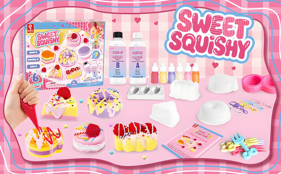 BEIREG Taba Squishy Making Kit - DIY Unicorn & Sweet Theme with 6 Bakery Molds & 18OZ AB Silicone for Kids, Safe Non-Toxic Materials, Stress Relief, Craft Gift for Girls, Party Favors, Easter Toys