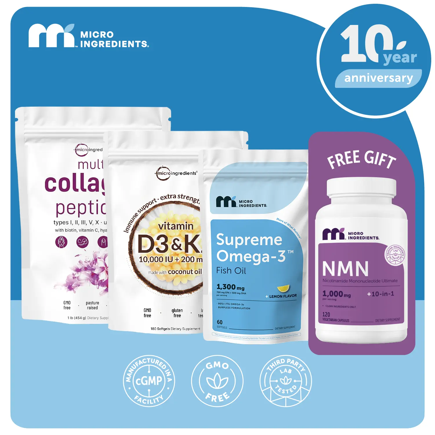 Micro Ingredients Super Hero Bundle: D3K2 10000IU Softgels, Collagen Powder, Supreme Omega-3 Fish Oil & NMN Complex