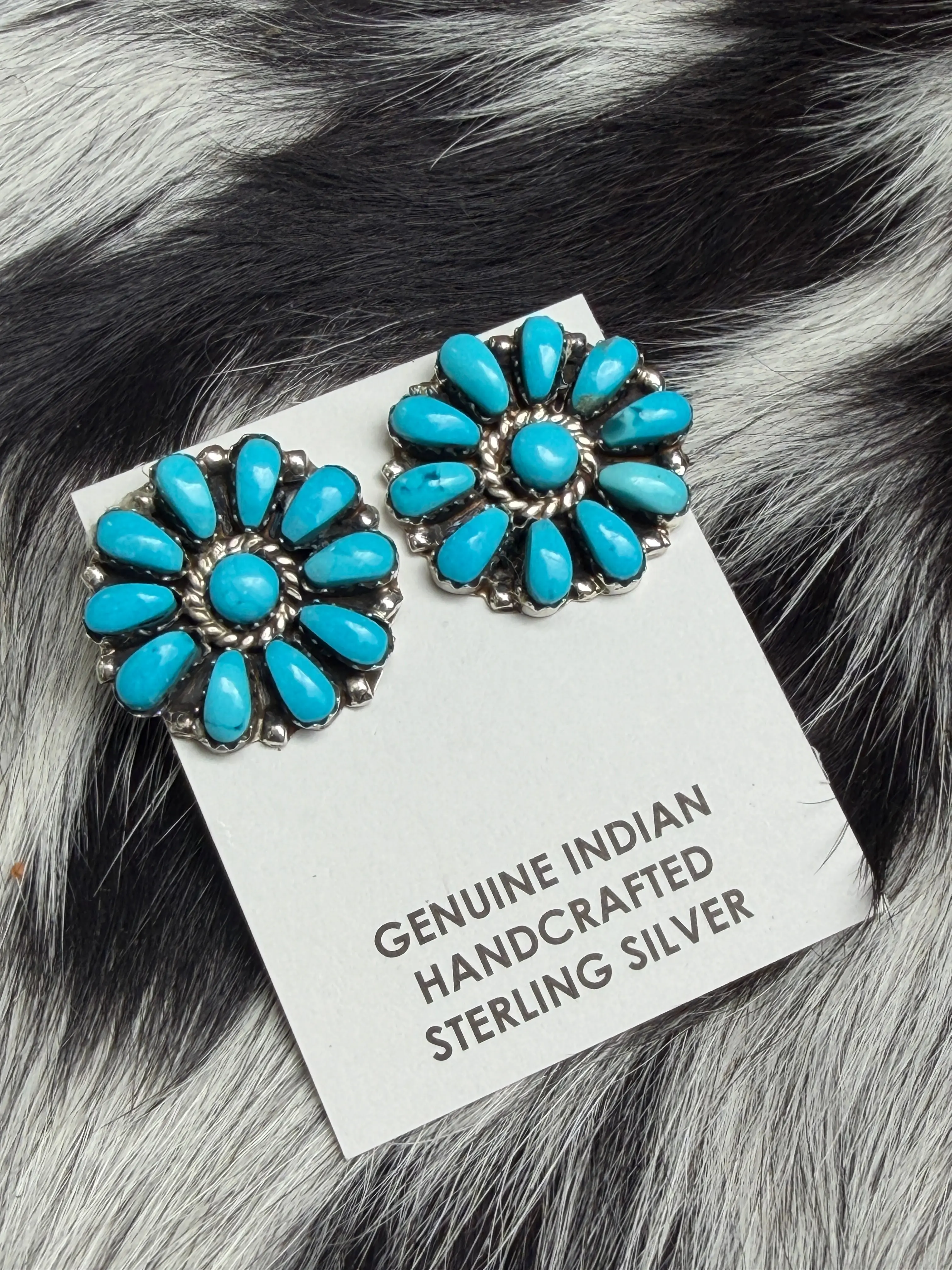 Native American Turquoise Cluster Stud Earrings | Genuine 925 Sterling Silver