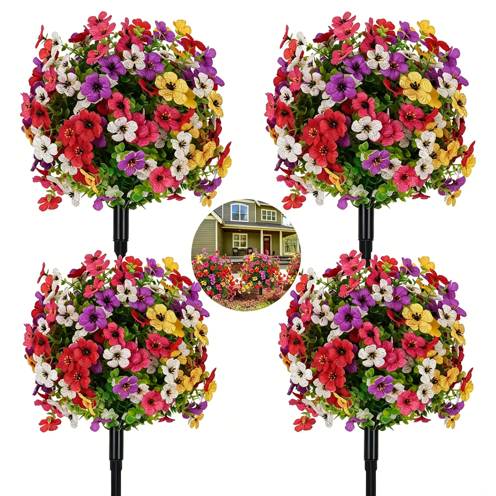4-Set 13 in UV-Resistant Synthetic Violet Ball-Shaped Potted Trees with Ground Stakes, Fake Plastic Flowers, 2 Artificial Ground Plants, Evergreen Look Decor for Study/Daily Indoor/Outdoor Garage (Vase Not Included, Black Friday Pick)