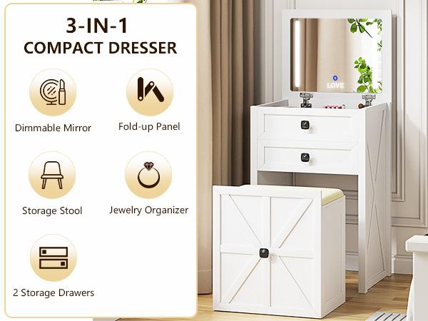 3 in 1 Small Miu Vanity with Mirror, 3-Color Adjustable Lighting, Cushioned Stool for Bedroom Organization & Beauty Routines