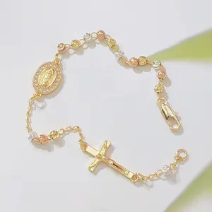 14K Gold Plated Tri-Color Rosary Bracelet for Women, Guadalupe Virgin Mary Medal & Crucifix Cross Charm, Adjustable Chain Catholic Religious Jewelry, Baptism/Confirmation Gifts