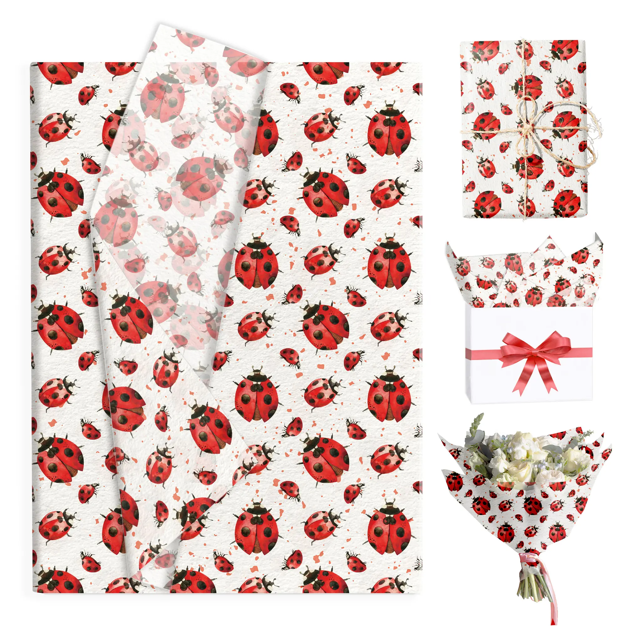 50-Sheet Cute Watercolor 7-Star Ladybug Insect Print Paper, Festive Party Decor, Handmade DIY Supply, Gift & Candy Packaging Filler