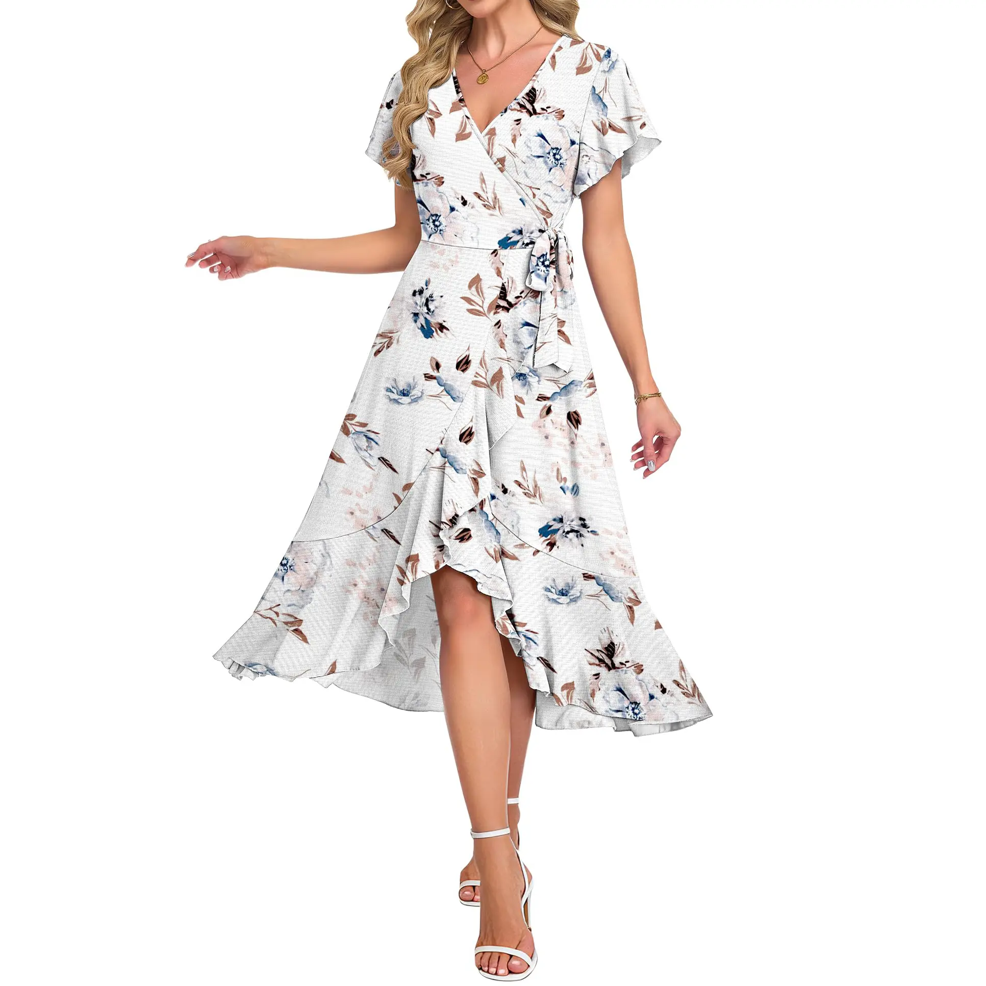 AUSELILY Womens Summer Midi Dresses Wrap Short Flutter Sleeve V Neck Boho Slit Flowy Ruffle Dress Wedding Guest Dresses
