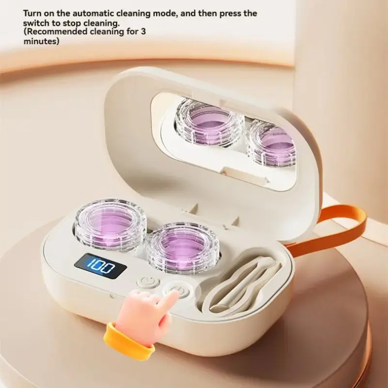 Ultrasonic Contact Lens Cleaner Rechargeable Eye Contact Cleaner with Vanity Mirror Compact Contact Lens Cleaner with Two Cleaning Modes Fits Hard, Soft, Multicolor Contact Lens Lens Washer