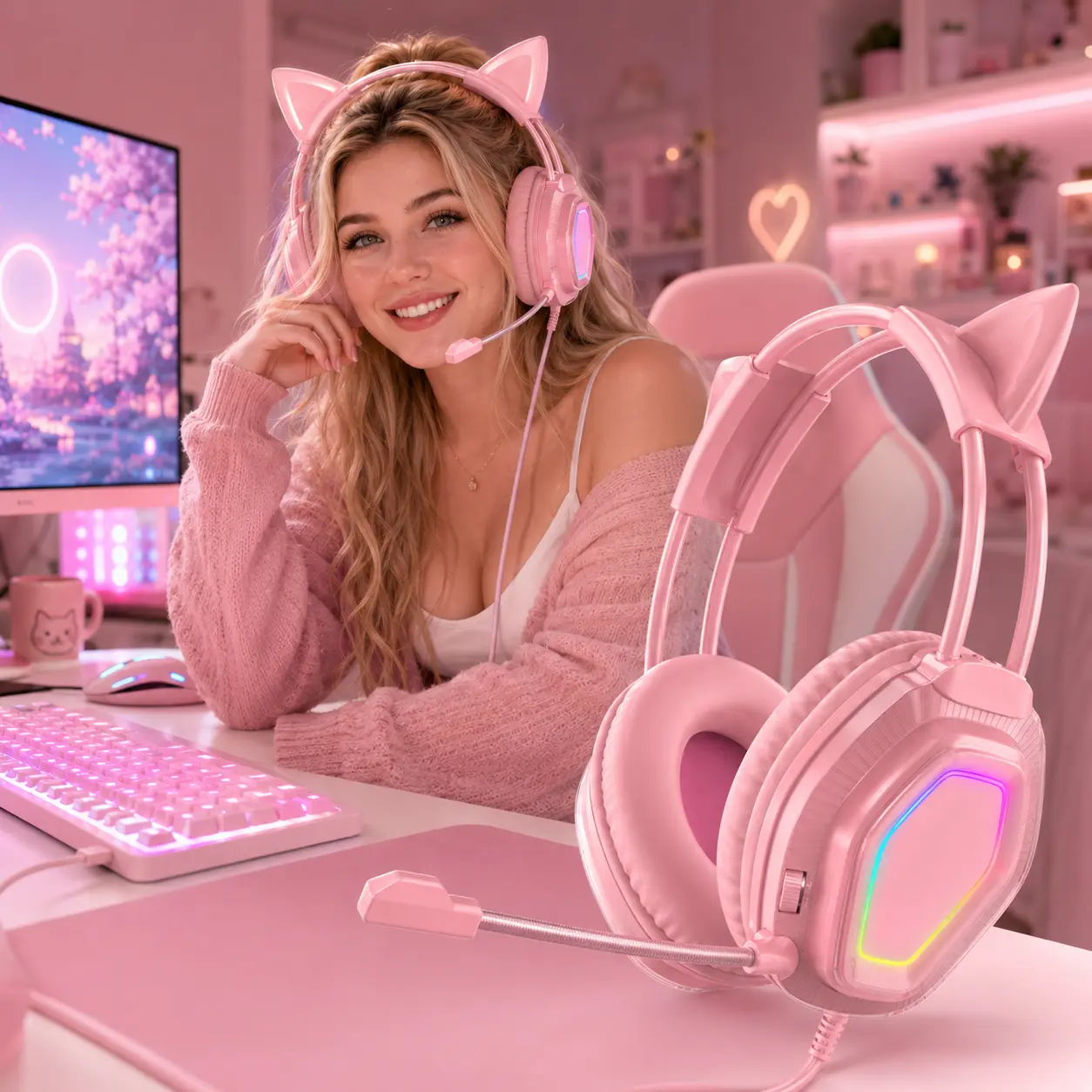 【Curated Choice】 Girls' Gaming Headset with Microphone, Lightweight Design, with 7.1 Surround Sound, Noise Cancelling Mic, Soft Earmuffs, Wired Gaming Headphones for PS, Xbox, PC, Perfect Christmas Gift for Women, Wife, or Girlfriend